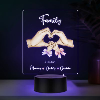 Personalized Family LED Night Light, Heart Hands Design, Customizable with Names and Date, Gift for Mom Dad Automatic Color Changing Light
